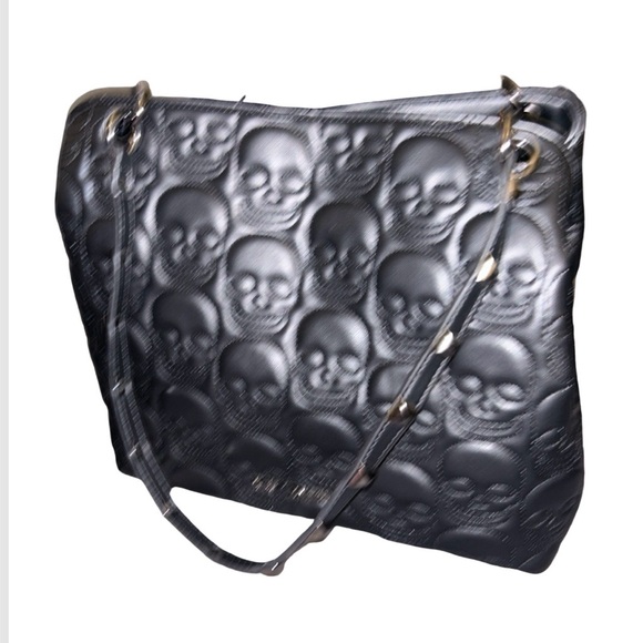BETSEY JOHNSON BLACK SKULL DOUBLE HANDLE TOTE W/ RHINESTONE MARTINI PURSE CHARM - Picture 6 of 14
